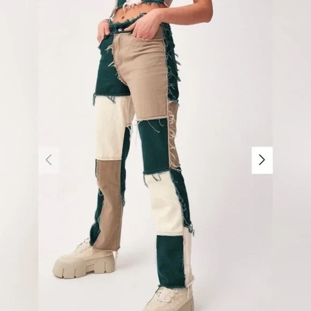 Color Block‎ Patchwork Jeans Women's Small High Waisted Raw Hem Denim Green 28w